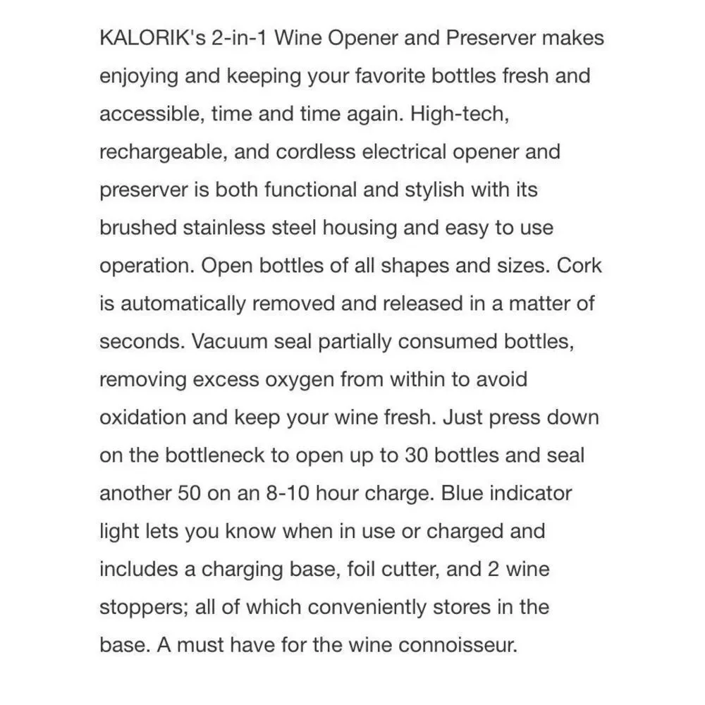 Kalorik 2-in-1 Wine Opener and Preserver - Stainless Steel - New In Box‎